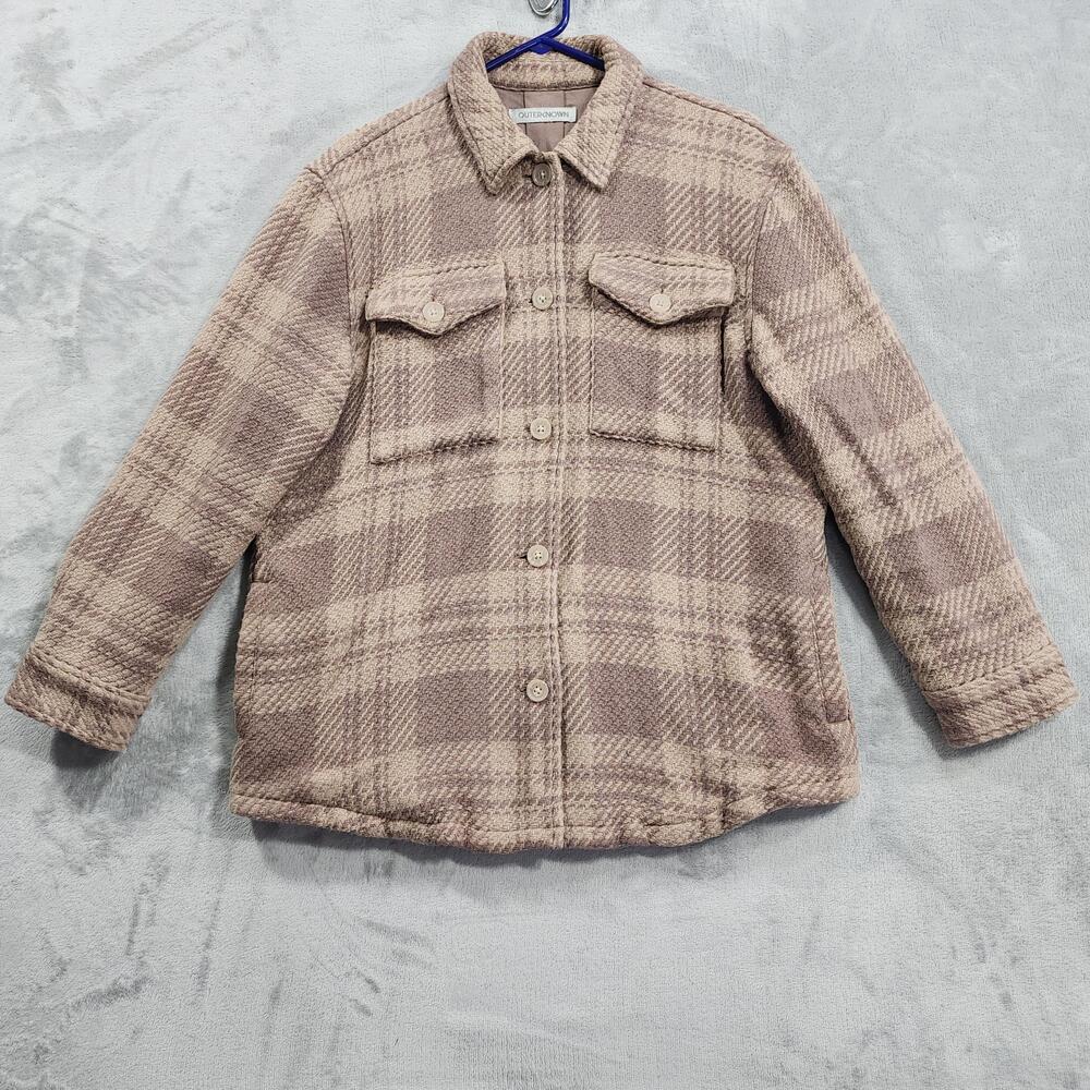 Outerknown Jacket Womens L Tan Fossil Sea Mist Plaid Cloud Weave Shirt Shacket